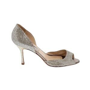 Jimmy Choo Logan High Heels Glitter Fabric Champagne Silver Peep Toe D'Orsay 38